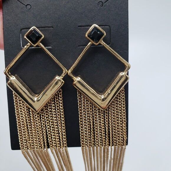 Gold Tone Black Diamond Shape Tassel Earrings Boho Statement Jewelry 4" Dangle - Picture 2 of 4